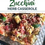 Zucchini casserole in pan with rice and tomatoes.