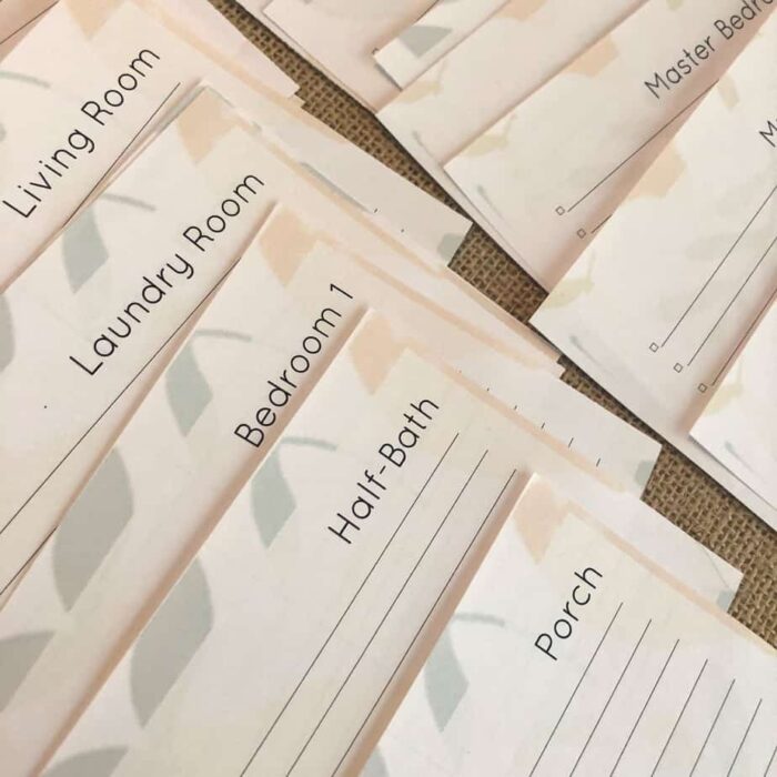 Blank printable chore cards for each room in the house
