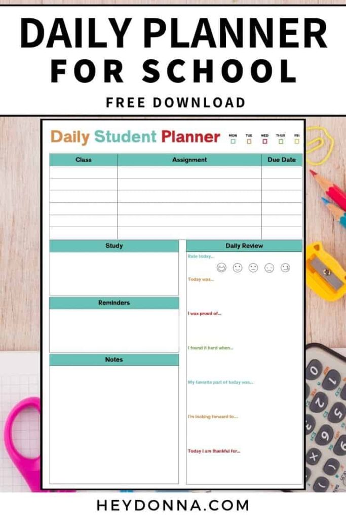 Daily Student Planner printable in color.