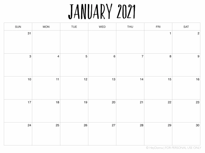 2021 Printable Monthly Calendar