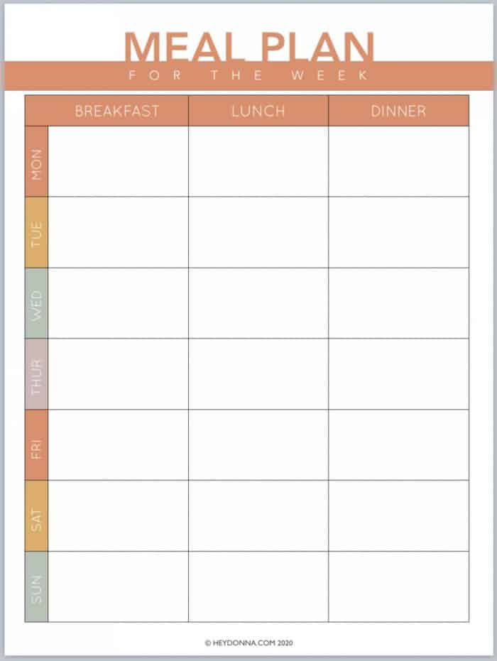 meal plan sheet printable