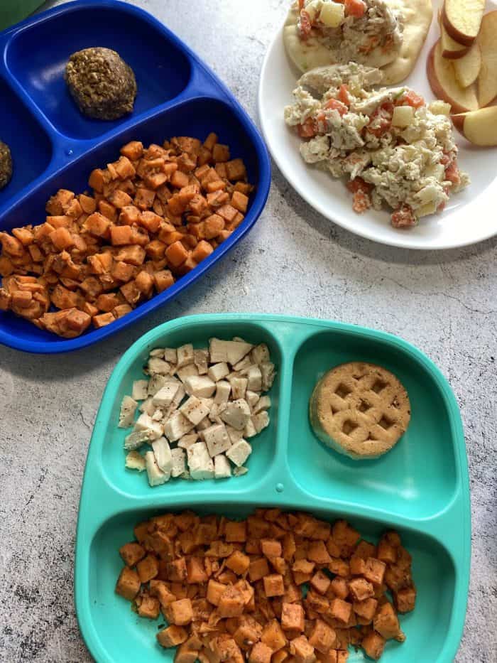 3 pre-made lunches on plates from Nurture Life, a subscription service that provides healthy meals for the whole family