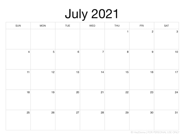 Printable July 2021 Calendar - Hey Donna