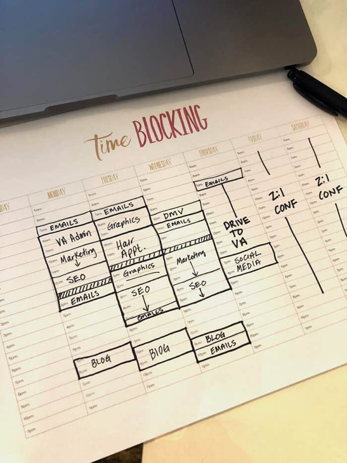 Time blocking calendar printed with weekly schedule.