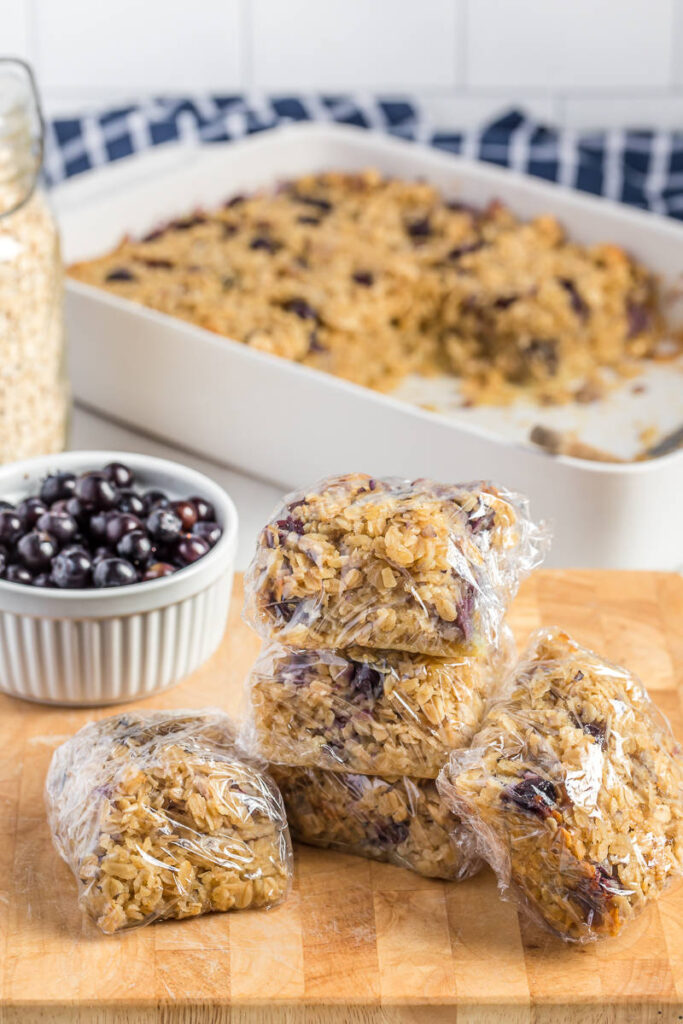 Blueberry Baked oatmeal wrapped for the freezer

