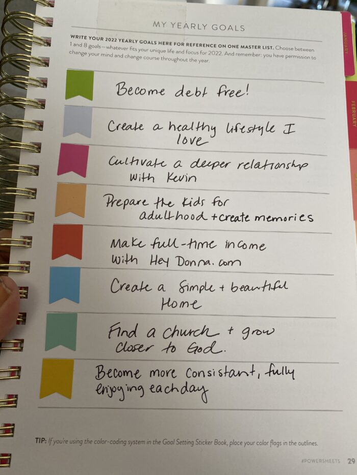 My 2022 Goals in my Powersheets Goal Planner with colored labels