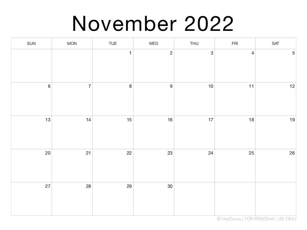 Printable November Monthly Calendar - Hey Donna