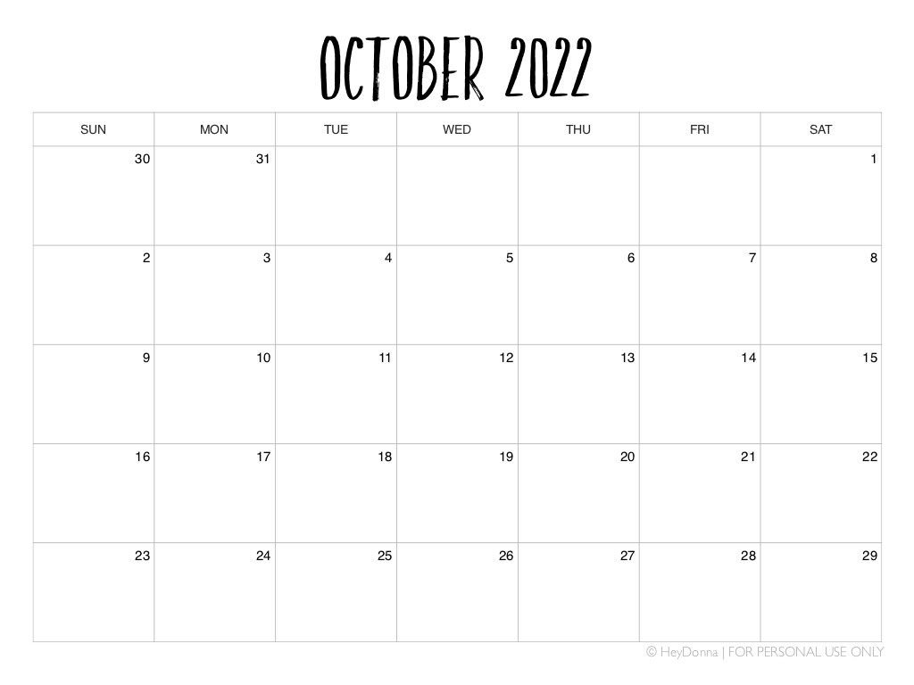 Printable October Monthly Calendar - Hey Donna