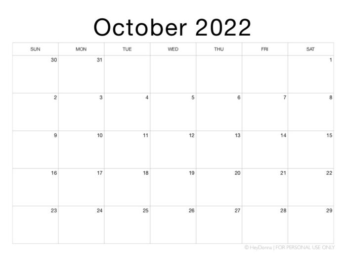 Printable October Monthly Calendar - Hey Donna