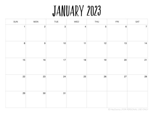 Printable January Monthly Calendar - Hey Donna