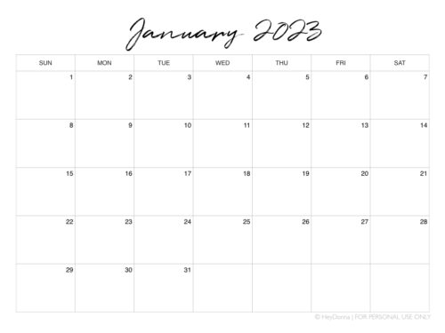 Printable January Monthly Calendar - Hey Donna