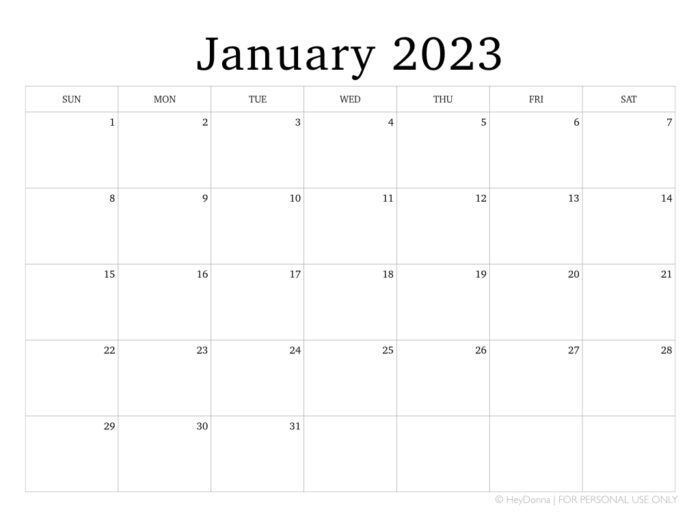Printable January Monthly Calendar - Hey Donna