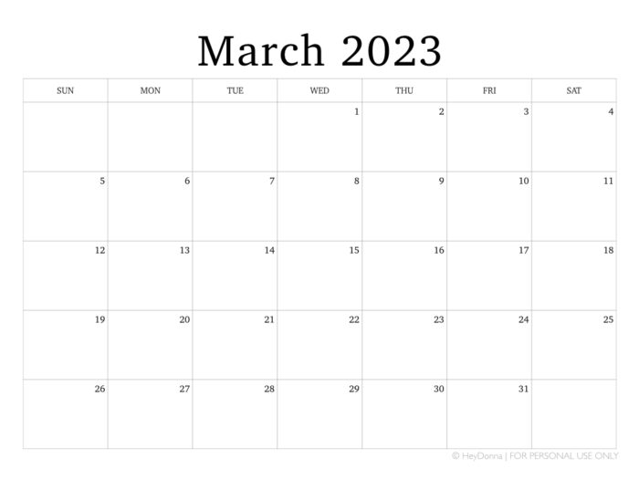 Free Printable March Monthly Calendar - Hey Donna