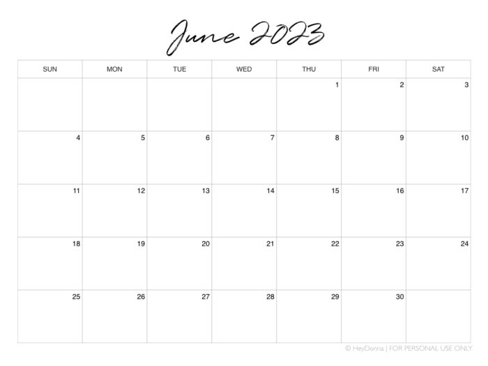 Printable June Monthly Calendar Hey Donna