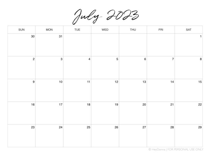 Printable July Monthly Calendar - Hey Donna