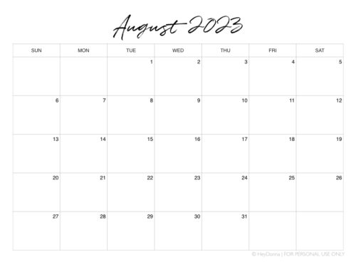 Printable August Monthly Calendar - Hey Donna