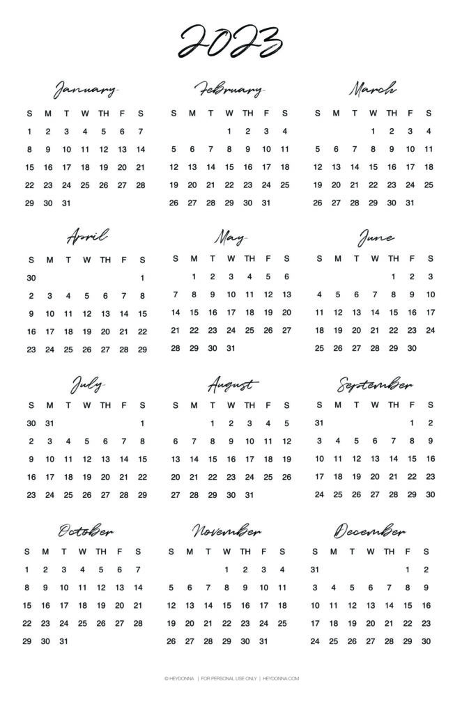 Printable 2023 Calendar on One Page - Hey Donna