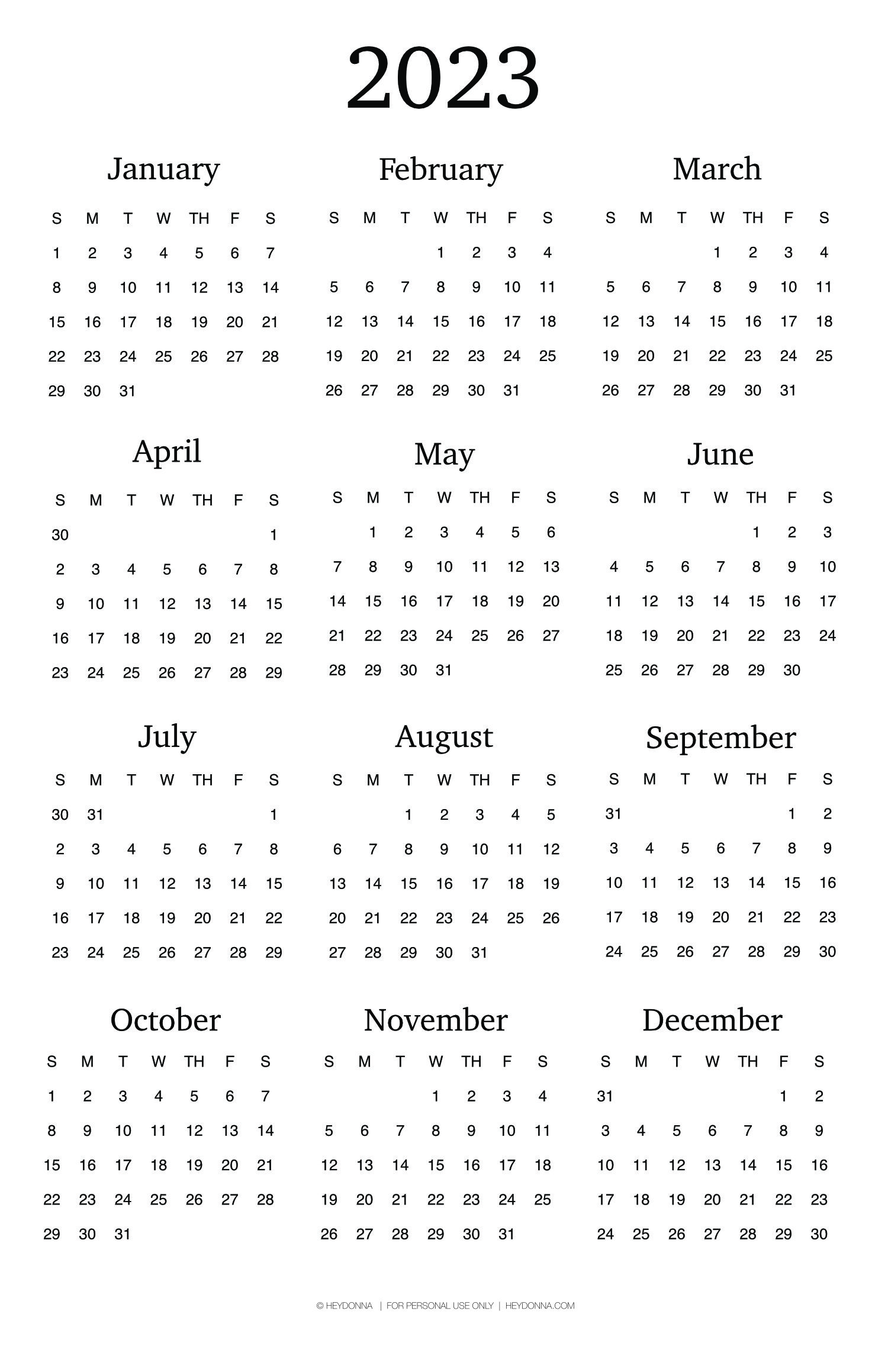 Printable 2023 Calendar on One Page - Hey Donna