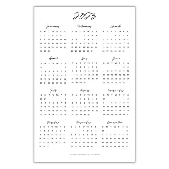 Free printable 2023 Yearly calendar on 11x17 paper
