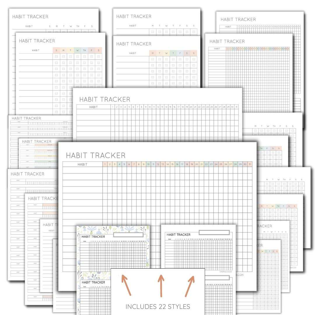 Free Habit Tracker Printable 22 different styles! Weekly habit tracker template monthly habit trackers, and yearly habit trackers with all 12 months on one page.