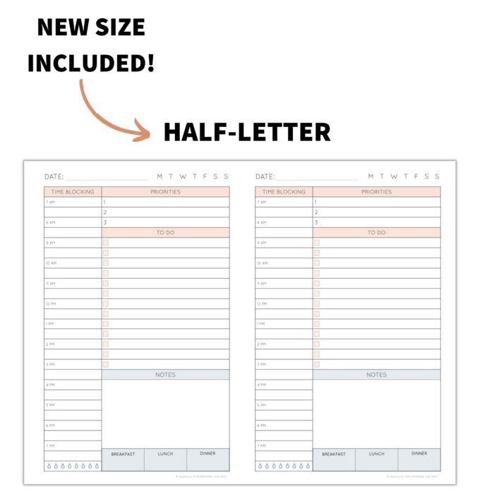 HALF LETTER SIZE Planner pages - daily time blocking template