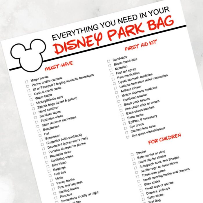 List of items that you will need to pack in your Disney backpack. 