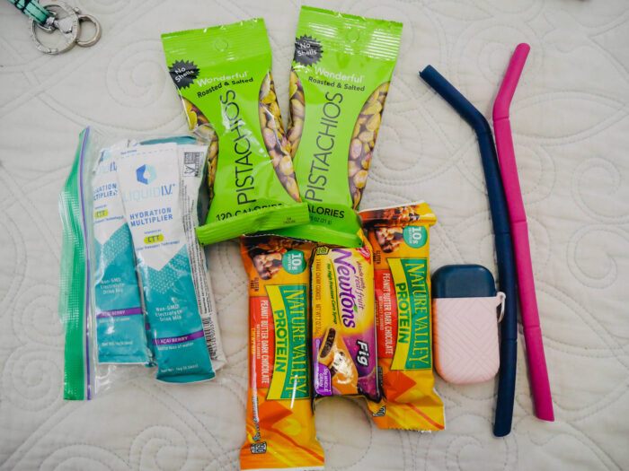 Reusable straws, hydration packets, and snacks.