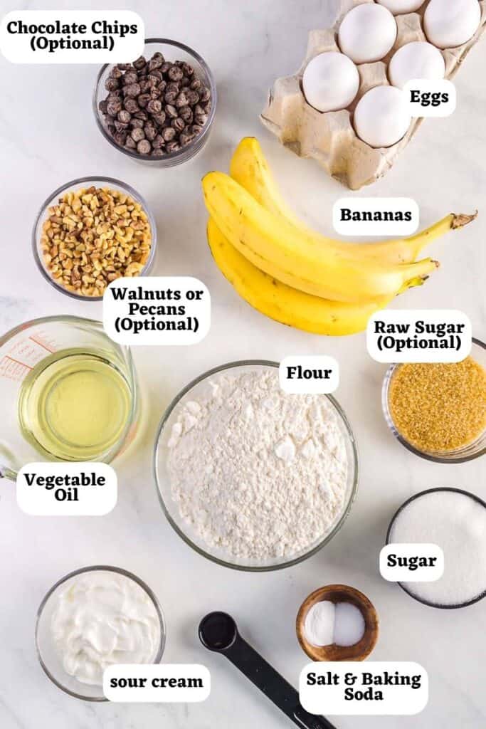 Banana Bread sour cream ingredients with chocolate chips and nuts