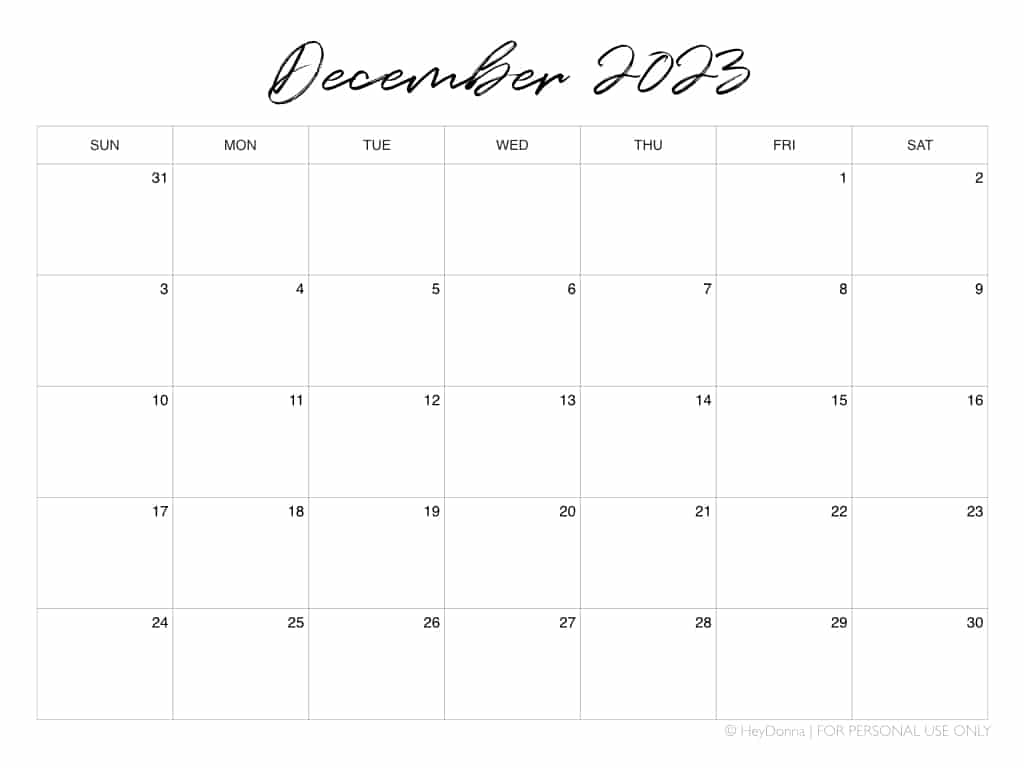 Printable December Monthly Calendar - Hey Donna