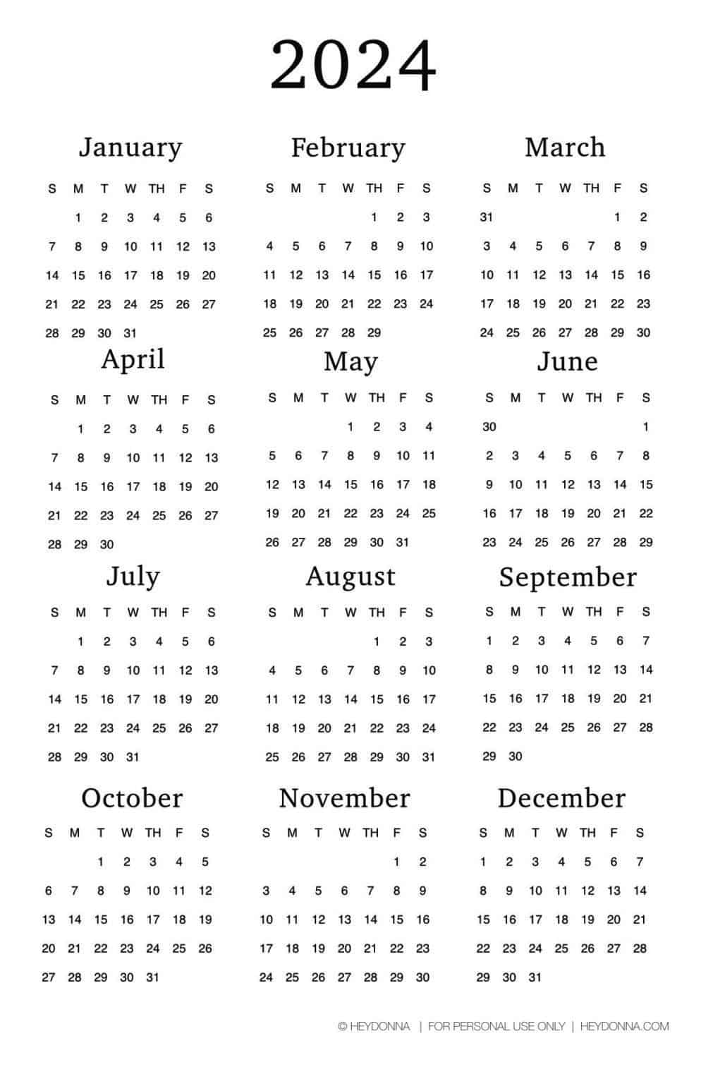 Printable 2024 Calendar on One Page - Hey Donna
