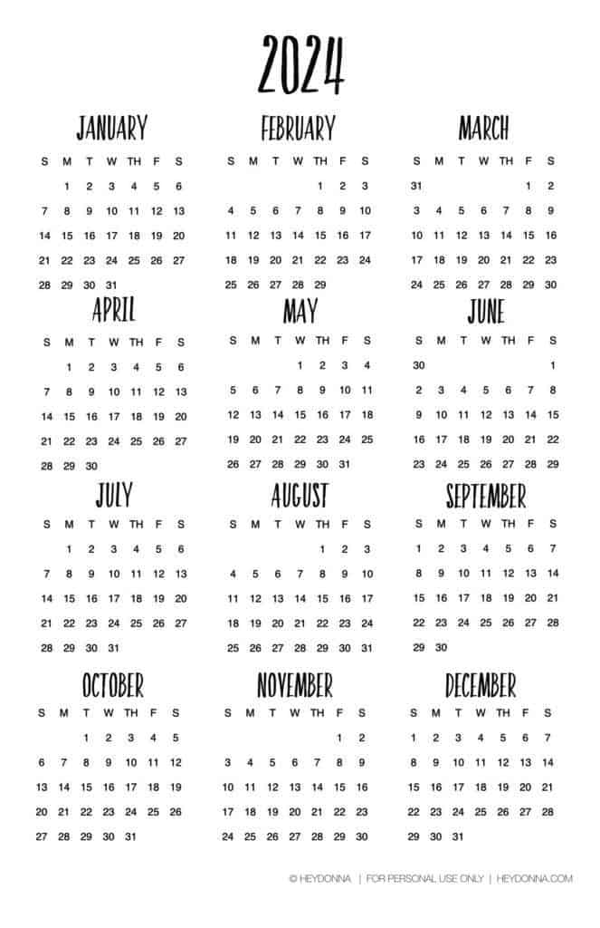 2024 Full year calendar on one page