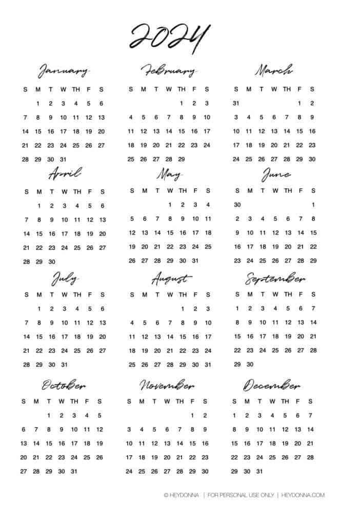 2024 12 month calendar on one page