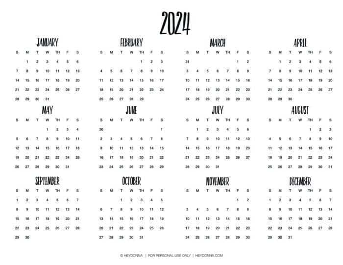 2024 full year calendar landscape layout