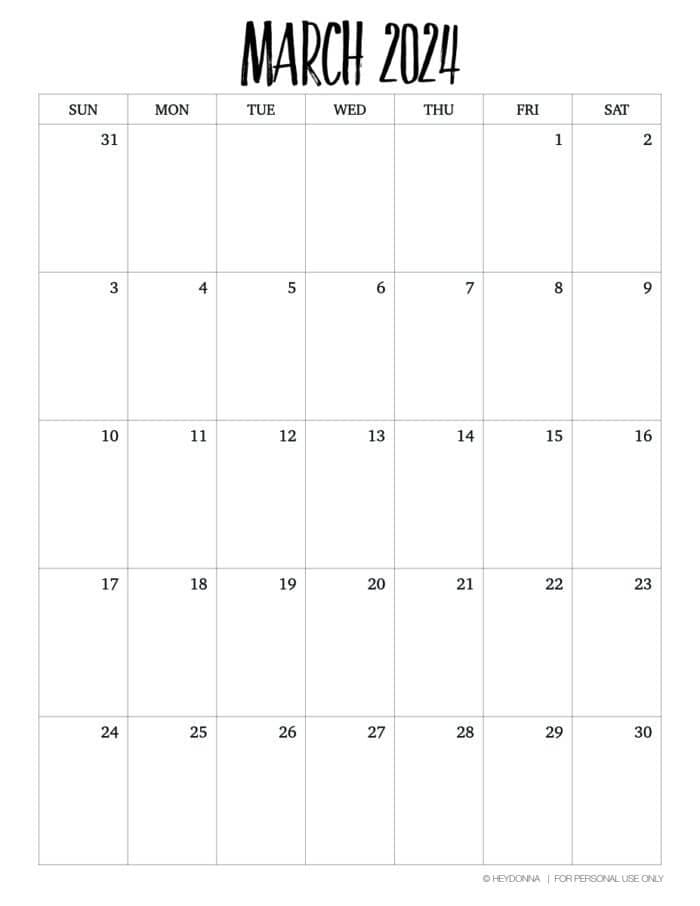 Printable March Monthly Calendar [ 2024 ] - Hey Donna