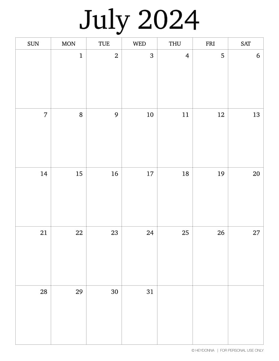 Printable July Monthly Calendar [ 2024 ] - Hey Donna