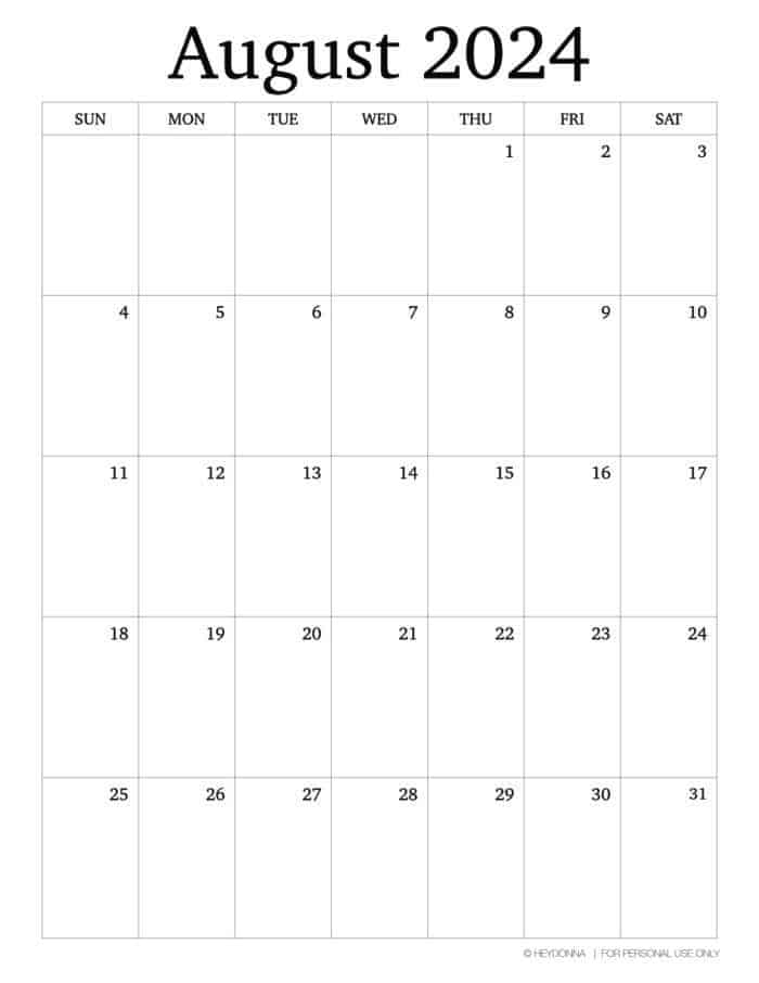 Printable August Monthly Calendar [ 2024 ] - Hey Donna