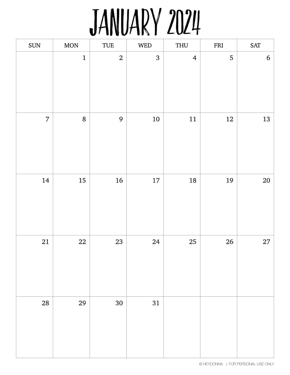Printable January Monthly Calendar [ 2024 ] - Hey Donna