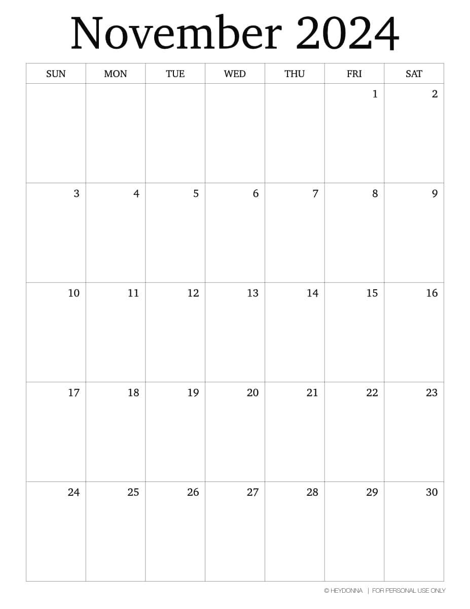 Printable November Monthly Calendar [ 2024 ] - Hey Donna
