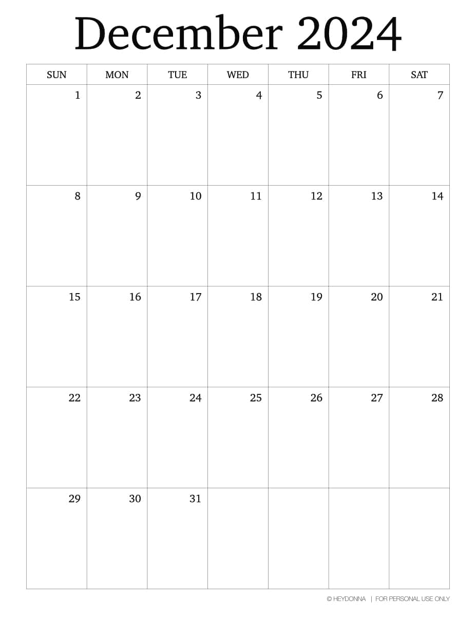 Printable December Monthly Calendar [ 2024 ] - Hey Donna