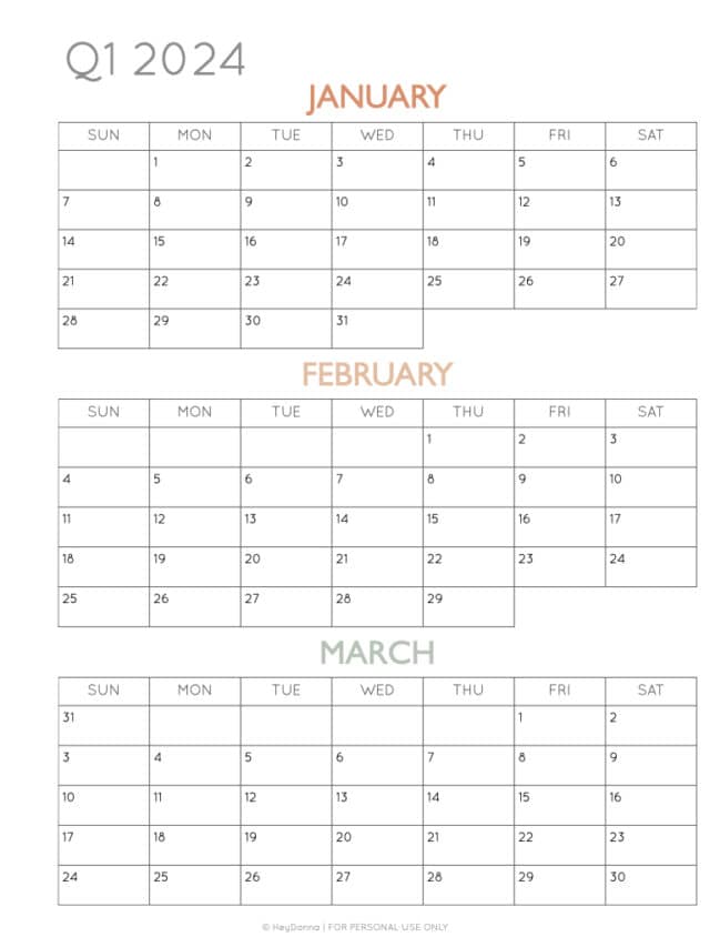 2024 3Month Quarterly Calendar Printables FREE Hey Donna