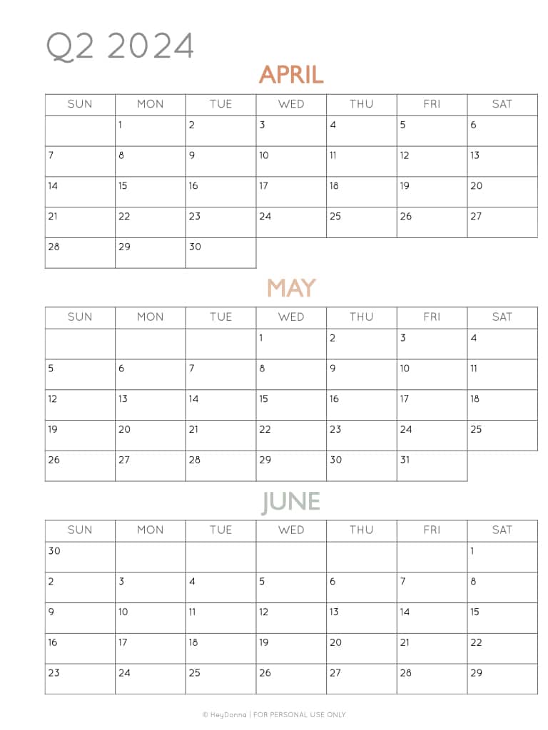 2024 3Month Quarterly Calendar Printables FREE Hey Donna