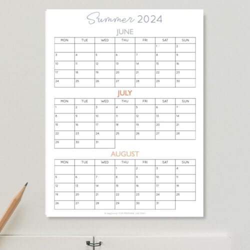 Summer Calendar - 3 Months on One Page - Hey Donna