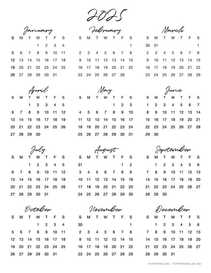 Free Printable 2025 Annual Calendar - On One Page