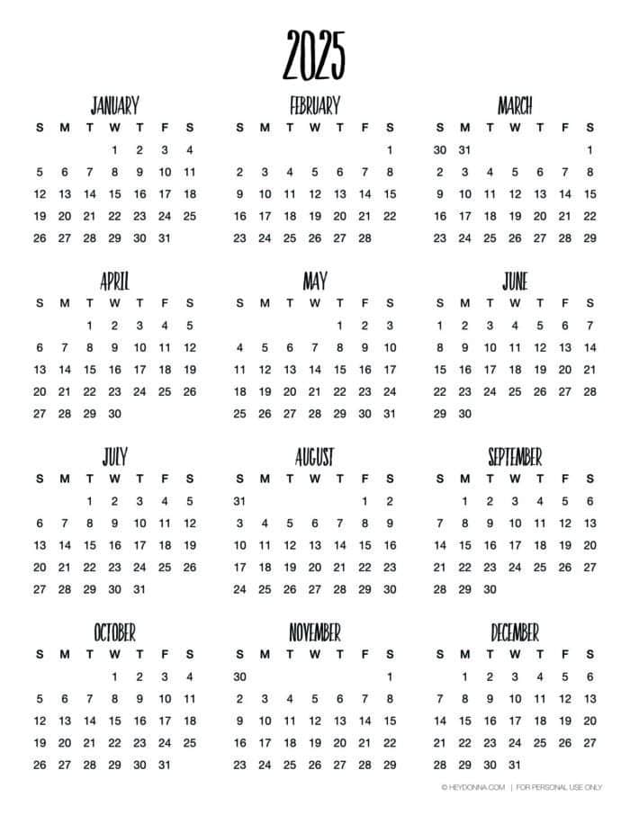 Free Year on one page printable for 2025