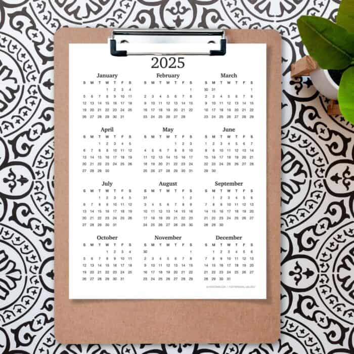 2025 Annual Calendar Printable - One Page