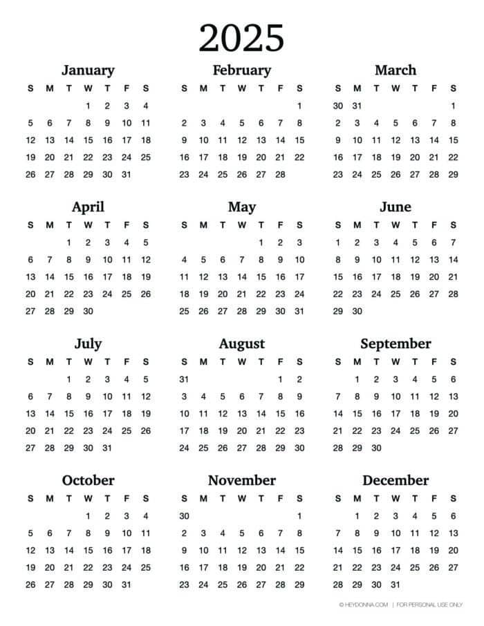 Free Year on one page printable for 2025