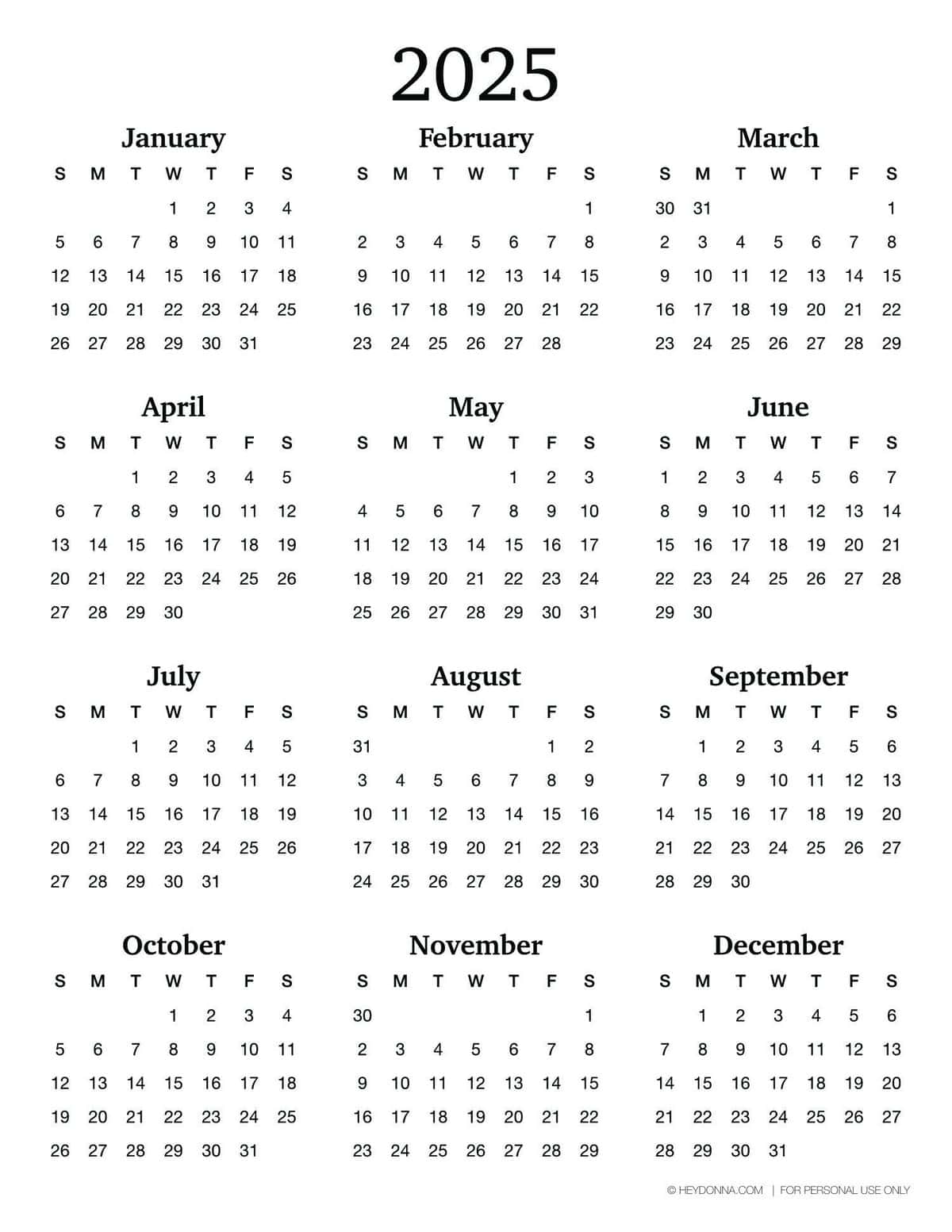 Printable 2025 Calendar on One Page - Hey Donna