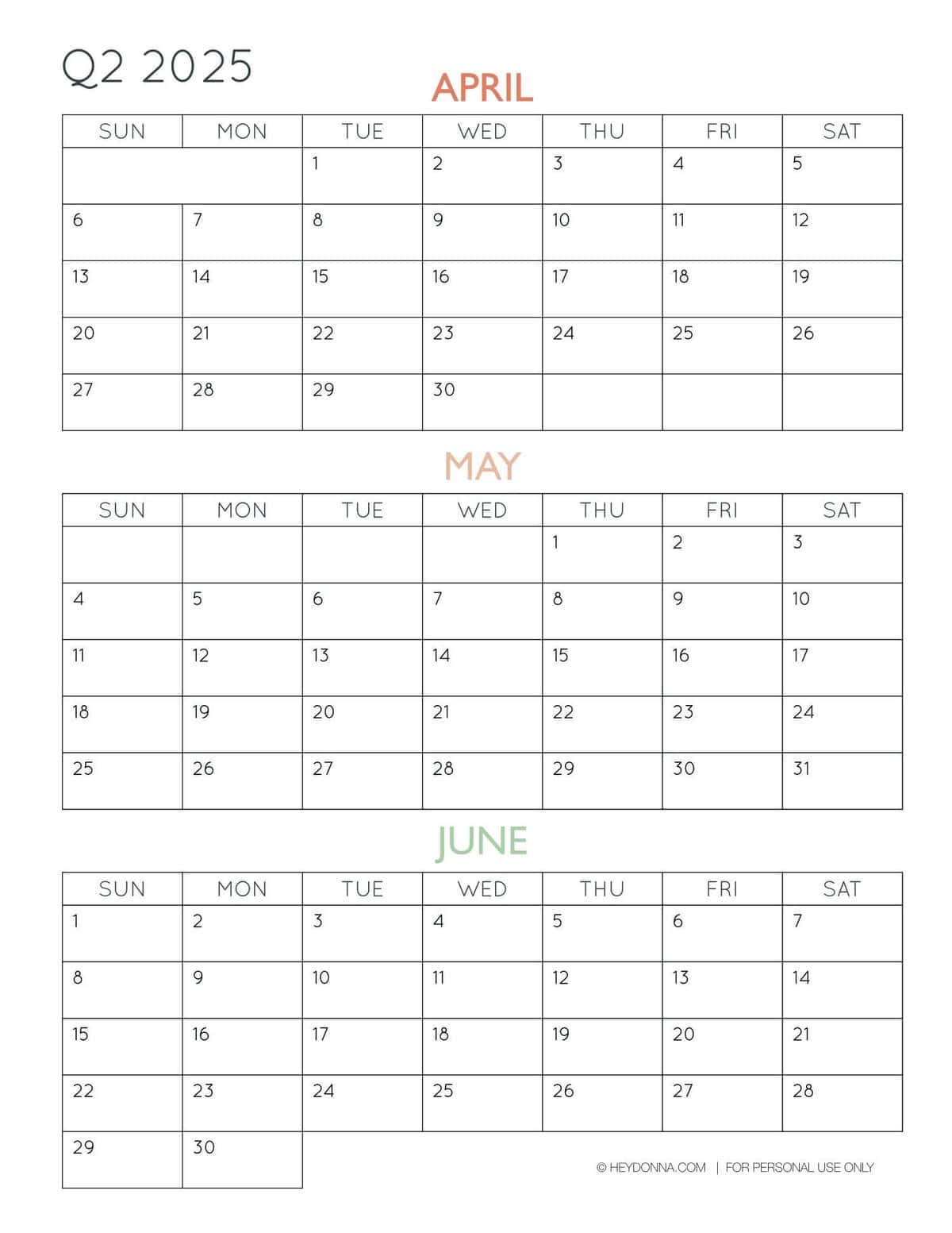 2025 3-Month Quarterly Calendar Printables - FREE - Hey, Donna!