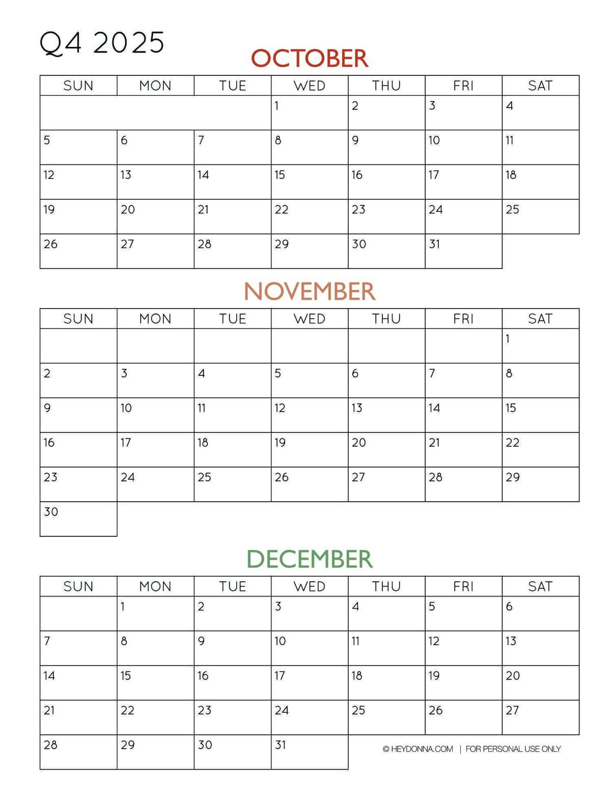 2025 3-Month Quarterly Calendar Printables - FREE - Hey, Donna!