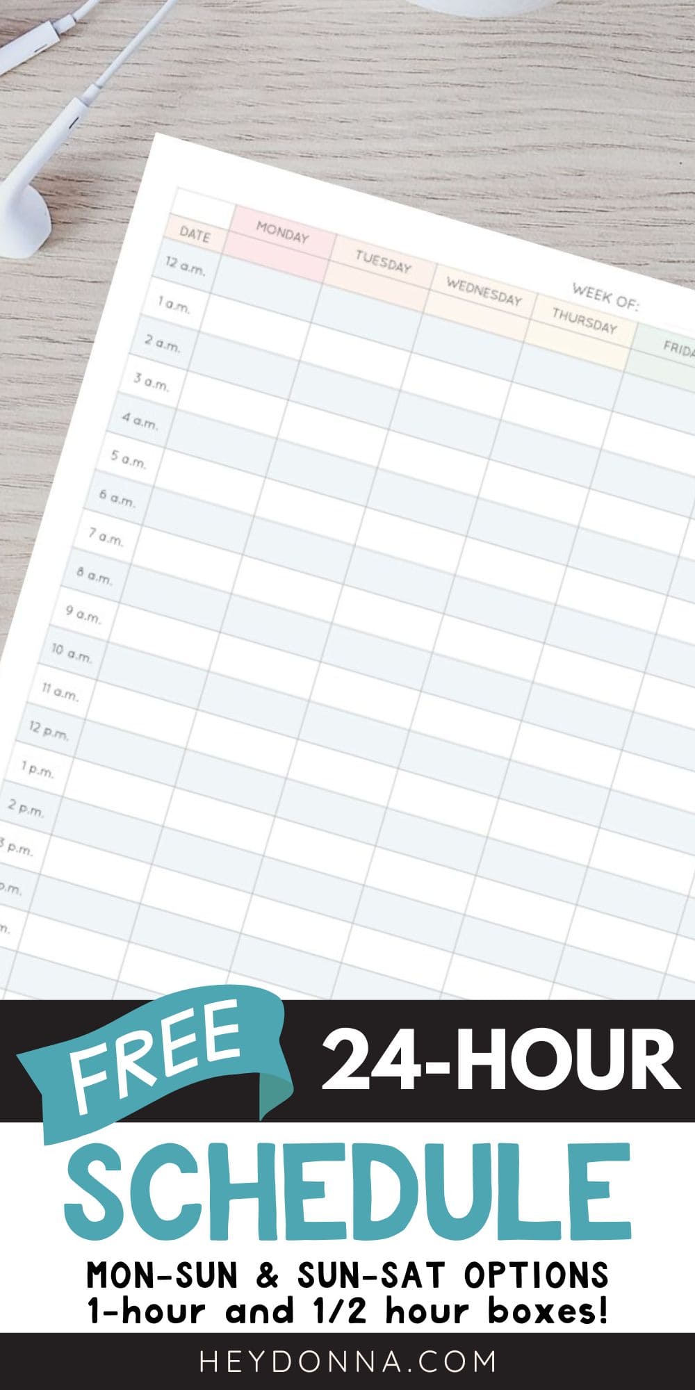 Free Printable 24-Hour Weekly Calendar Template - To Print
